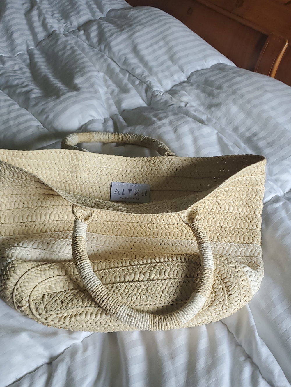 Altru Cream Braided Straw Tote with Wrapped Handles